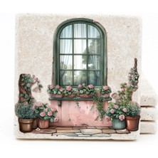 BiveSa Yeşil Pencere - Çiçek Temalı Doğal Taş Bardak Altlığı 4'lü Set