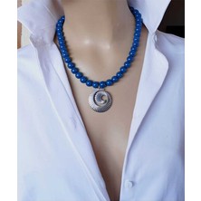 Sinem Şanlı Petrol Mavisi Cam Boncuk Çelik Uç Detaylı 42 cm Kadın Kolye