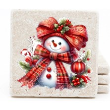 BiveSa Kardan Adam (1) - Yılbaşı Temalı Doğal Taş Bardak Altlığı 4'lü Set