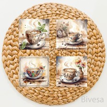 BiveSa Bir Fincan Kahve Temalı Doğal Taş Bardak Altlığı 4'lü Set