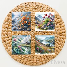 BiveSa Çiçek - Dağ - Nehir Temalı Doğal Taş Bardak Altlığı 4'lü Set