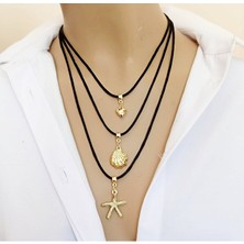 Sinem Şanlı Üç Sembol Tek Hikaye Kalp Deniz Kabuğu Yıldız Siyah Gold Üç Sıra Kolye