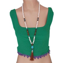 Sinem Şanlı Retro Turkuaz, Akik ve Jade Doğal Taşlı Uzun Kolye – Ipek Püsküllü El Yapımı Tasarım