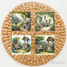 BiveSa Bahçe Temalı Doğal Taş Bardak Altlığı 4'lü Set