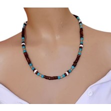 Sinem Şanlı Fi Erkek Doğal Taş Kolye – 6 mm Turkuaz Taşı, Ahşap Boncuk ve Gümüş Kaplama Detaylı, Kutulu