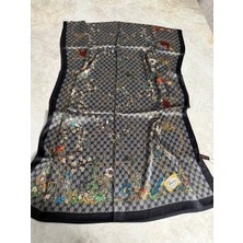 Gucci Vual Ipek Şal Çiçekli  G Baskılı Siyah Çok Renkli