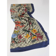 Gucci Vual Ipek Şal Çiçekli  G Baskılı Lacivert Krem