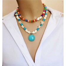 Sinem Şanlı Turkuaz Taşlı Renkli Boncuklu El Yapımı Ikili Yaz Kolye