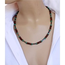 Sinem Şanlı Mi Erkek Doğal Taş Kolye – Gri Hematit Taşı, Ahşap ve Sıkma Doğal Taş Boncuk Detaylı, Kutulu