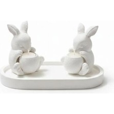 Dekoratif Oval Tepsi ve 2’li Tavşan Mum Seti Premium Taş Tozu Tasarım