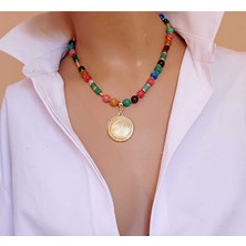 Sinem Şanlı Luna Renkli Akik Doğal Taşlı Altın Kaplama Kolye – Hematit & Kristal Detaylı, Kutulu