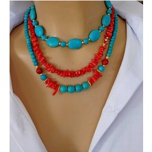 Sinem Şanlı Üç Sıralı Mercan & Turkuaz Doğal Taş Altın Detaylı Kolye