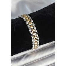 Bsre Gold ve Gümüş Renk Jubilee Saat Kordonu Görünümlü Bileklik (12 mm Kalınlık)