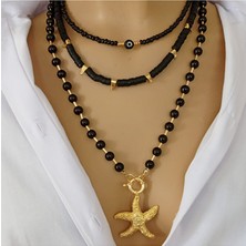 Sinem Şanlı Gotik Deniz Yıldızı Üç Sıra Oniks Doğal Taş Kolye