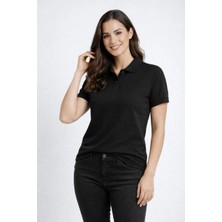 Kadın Pike Kumaş Düğmeli Yaka Regular Rahat Günlük Kısa Kol Tişört T-Shirt - Siyah