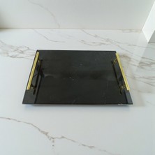 Ecay Mermer Ürünleri Doğal Mermer Siyah Tepsi Gold Tasarımlı Kulplu