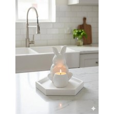 Dekoratif Seramik Tavşan Figürlü Mumlu Minimalist Beyaz Tealight Mum Tutucu