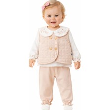 Aspo Baby Kids Kız Bebek Yakalı 3’lü Takım %100 Pamuk Body Kapitone Yelek ve Pantolon