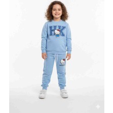 Pini Co Kız Çocuk Bebe Mavisi Sevimli Kedi Baskılı Sweatshirt ve Alt Takım