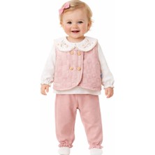 Aspo Baby Kids Kız Bebek Yakalı 3’lü Takım %100 Pamuk Body Kapitone Yelek ve Pantolon