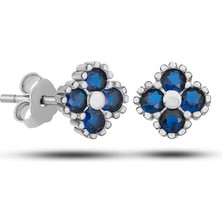 Katre46 Gümüş Yonca Çivili Mavi Taşlı Çocuk Küpe