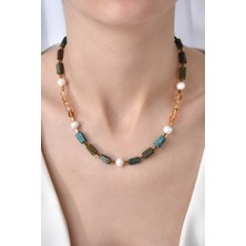 Apatit, Hematit, Inci ve Sitrin Taşlı Gümüş Klipsli Doğal Taş Tasarım Kolye