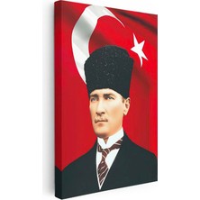 Türk Bayrağı Önünde Atatürk - Kalpak ve Resmi Kıyafet Kanvas Tablo