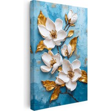 Tablofest Dikey Kanvas Tablo Kabartma Görünümlü Mavi Beyaz Çiçekler Çiçek Tablosu Ev Ofis Duvar Dekoru