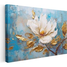 Tablofest Yatay Kanvas Tablo Yağlı Boya Görünümlü Beyaz Manolya Çiçek Tablosu Ev Ofis Duvar Dekoru