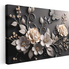 Tablofest Yatay Kanvas Tablo Kelebekli Güller Çiçek Tablosu Ev Ofis Duvar Dekoru