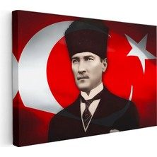 Tablofest Yatay Kanvas Tablo Atatürk Kalpaklı Hilal ve Yıldız Atatürk Tablosu Ev Ofis Duvar Dekoru