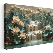 Tablofest Yatay Kanvas Tablo Kabartma Görünümlü Şelaleli Nilüfer Çiçek Tablosu Ev Ofis Duvar Dekoru