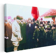 Tablofest Yatay Kanvas Tablo Atatürk ve Bayraklı Çocuk Atatürk Tablosu Ev Ofis Duvar Dekoru