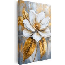 Tablofest Dikey Kanvas Tablo Gri Zeminli Altın Yapraklı Manolya Çiçek Tablosu Ev Ofis Duvar Dekoru