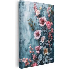 Tablofest Dikey Kanvas Tablo Mavi Dokulu Pembe Yaban Gülü Çiçek Tablosu Ev Ofis Duvar Dekoru