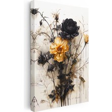 Tablofest Dikey Kanvas Tablo Siyah Yapraklı Sarı Botanik Çiçek Tablosu Ev Ofis Duvar Dekoru