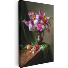 Tablofest Dikey Kanvas Tablo Bakır Vazoda Mor Çiçek Aranjmanı Çiçek Tablosu Ev Ofis Duvar Dekoru