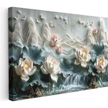 Tablofest Yatay Kanvas Tablo Nilüfer ve Şelale Manzarası Çiçek Tablosu Ev Ofis Duvar Dekoru