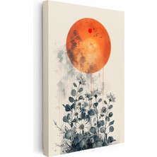 Tablofest Dikey Kanvas Tablo Turuncu Dolunay ve Gri Kır Çiçekleri Çiçek Tablosu Ev Ofis Duvar Dekoru