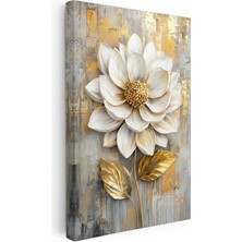 Tablofest Dikey Kanvas Tablo Kabartma Görünümlü Altın Beyaz Çiçek Tablosu Ev Ofis Duvar Dekoru