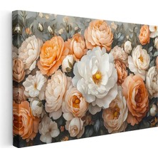 Tablofest Yatay Kanvas Tablo Sık Yapraklı Katmerli Güller Çiçek Tablosu Ev Ofis Duvar Dekoru