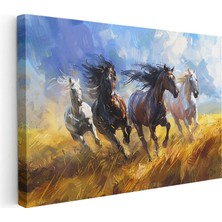 Tablofest Yatay Kanvas Tablo Sarı Tarlada Dörtnala At Sürüsü Tablosu Ev Ofis Duvar Dekoru