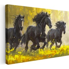 Tablofest Yatay Kanvas Tablo Sarı Çiçekli Doğa Üç Siyah At Tablosu Ev Ofis Duvar Dekoru