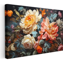 Tablofest Yatay Kanvas Tablo Yoğun Çiçek Aranjmanı Çiçek Tablosu Ev Ofis Duvar Dekoru