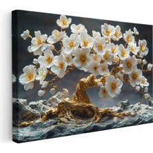 Tablofest Yatay Kanvas Tablo Kayalar Üzerinde Altın Çiçekli Ağaç Çiçek Tablosu Ev Ofis Duvar Dekoru