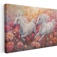 Tablofest Yatay Kanvas Tablo Pembe Çiçekli Doğa ve Atlar At Tablosu Ev Ofis Duvar Dekoru