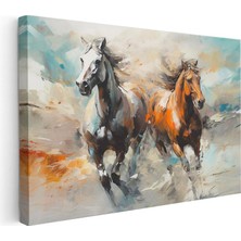 Tablofest Yatay Kanvas Tablo Fırça Darbeli Koşan Iki At At Tablosu Ev Ofis Duvar Dekoru