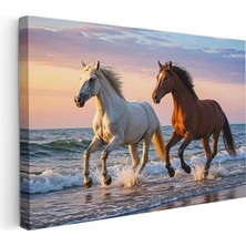 Tablofest Yatay Kanvas Tablo Deniz Kıyısı At Tablosu Ev Ofis Duvar Dekoru