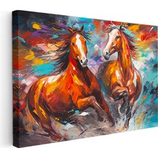 Tablofest Yatay Kanvas Tablo Sanatsal Boyama Tekniği Ikili At Tablosu Ev Ofis Duvar Dekoru