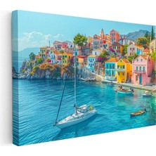 Tablofest Yatay Kanvas Tablo Renkli Sahil Kasabası ve Tekneler Şehir Mimari Tablo Ev Ofis Duvar Dekoru